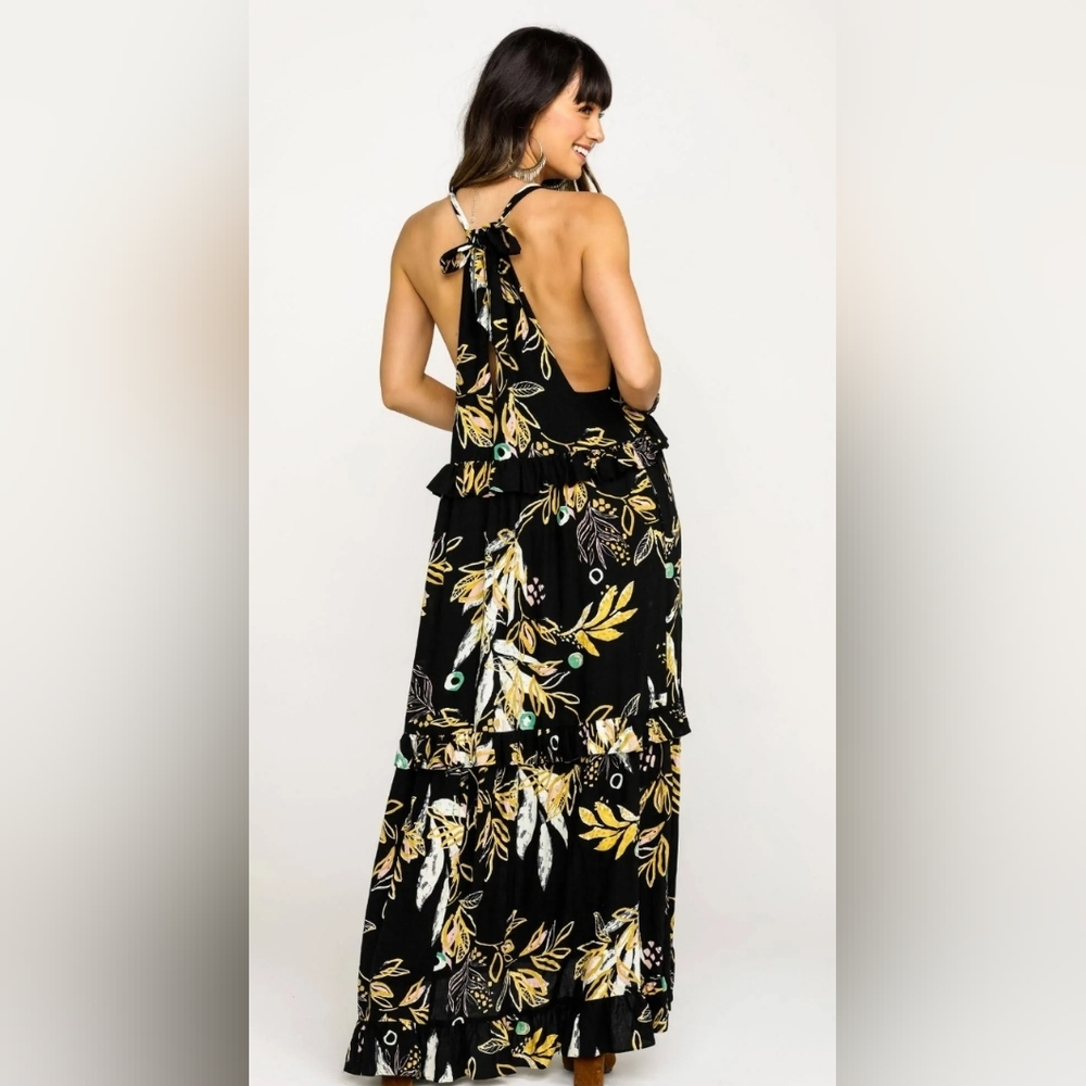 Free People Maxi Dress Anita Floral Black Print Oversized Tiered Halter XS NWT